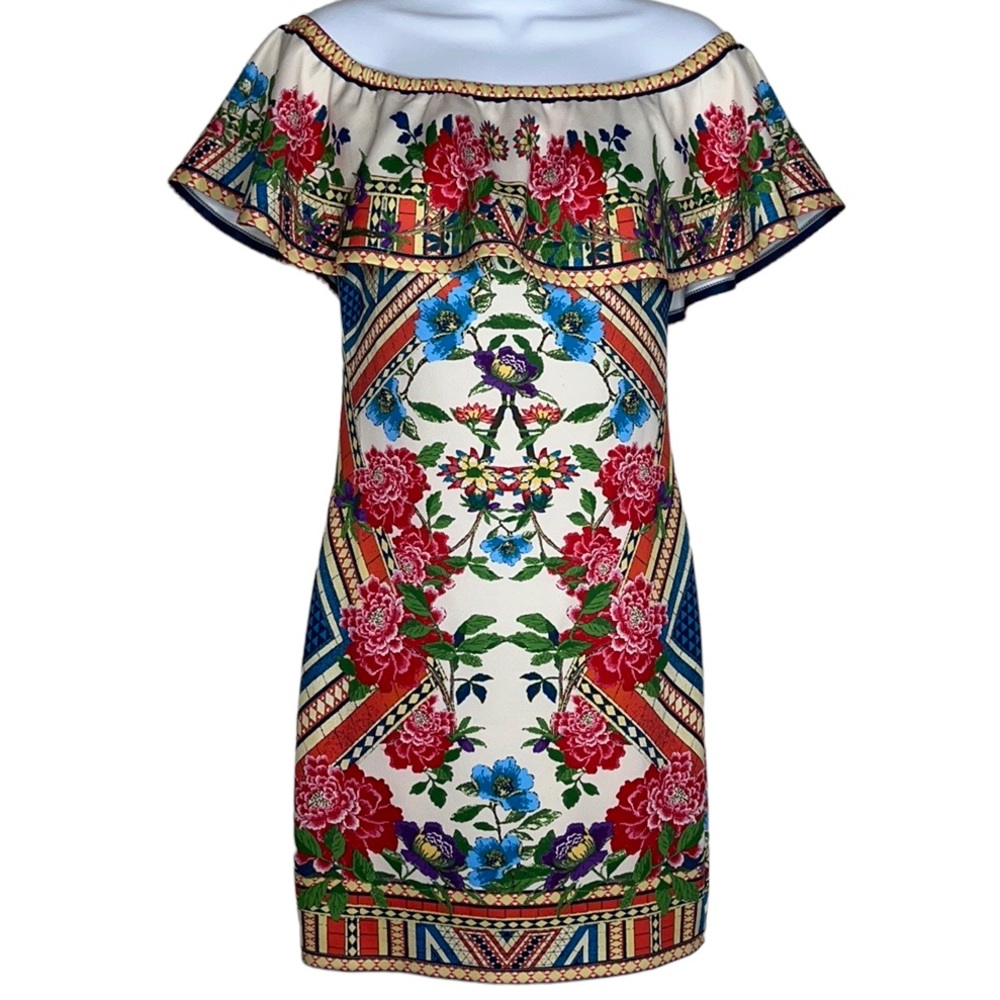 JEALOUS TOMATO Off The Shoulder Floral Ruffle Strapless Fitted Mini Dress Ivory